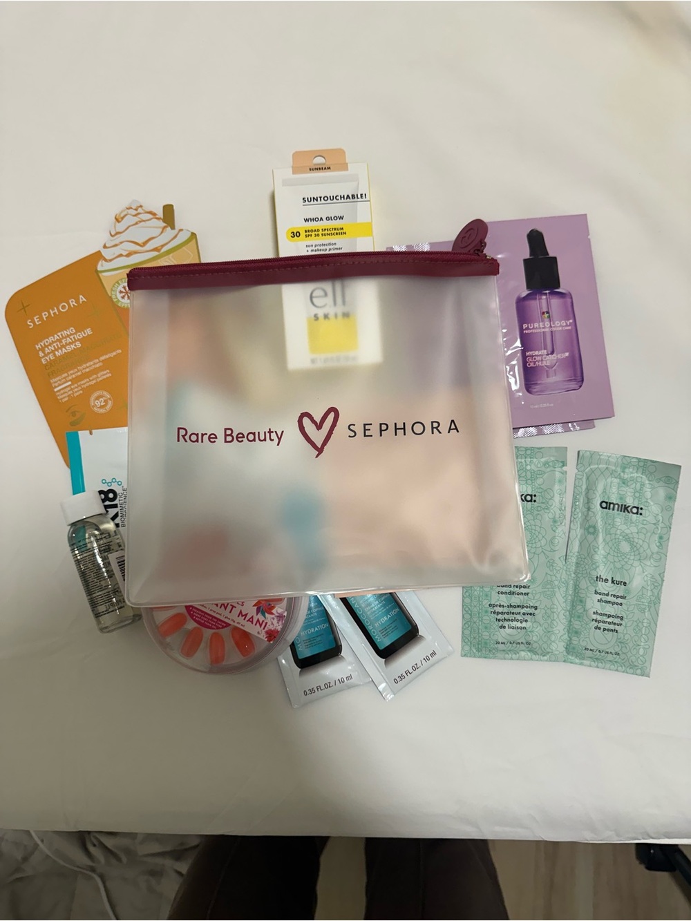 Rare Beauty Clear Cosmetic Pouch with Maroon Zip with Skin/Haircare Extras